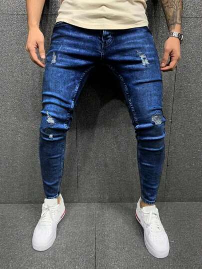 Jeans casual da uomo elasticizzati strappati con tasche