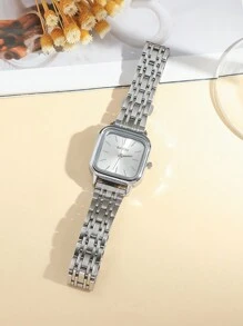 1 件/套时尚矩形表盘不锈钢表带石英表，适合青少年，可作为生日、感恩节、万圣节、礼物 - 銀色 - 查看 2
