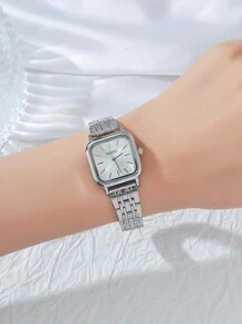 1 件/套时尚矩形表盘不锈钢表带石英表，适合青少年，可作为生日、感恩节、万圣节、礼物 - 銀色 - 查看 5