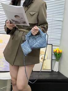 休闲迷人可爱流浪包手提包迷你手拿包带 2 条可拆卸肩带女式编织牛仔饺子包，浅色洗水牛仔小斜挎包，适合女士和女孩， - 藏蓝色 - 查看 3