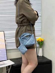 休闲迷人可爱流浪包手提包迷你手拿包带 2 条可拆卸肩带女式编织牛仔饺子包，浅色洗水牛仔小斜挎包，适合女士和女孩， - 藏蓝色 - 查看 2