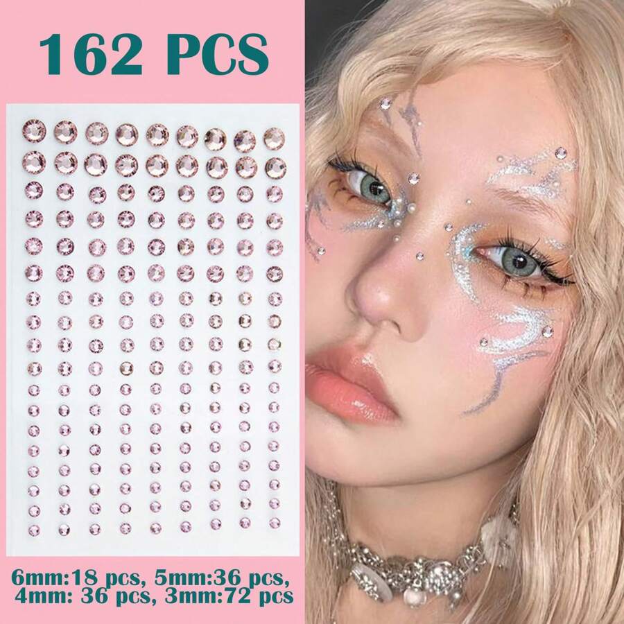 162 件闪亮绿色透明宝石贴纸，3-6 毫米，狂欢、节日、派对面部宝石，自粘亚克力水晶钻石贴纸，适用于身体、面部、化妆 - 粉色 - 查看 1