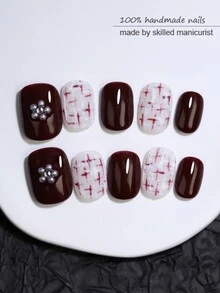 Mẫu chữ thập Rượu vang đỏ và trắng Khối màu thủ công Móng tay thủ công tinh khiết Nhấn vào móng tay 10 miếng dán móng tay giả hình vuông tròn nhỏ ngắn có thể tái sử dụng cho thiết kế nghệ thuật làm móng tự làm Phụ nữ và trẻ em gái Làm đẹp móng tay - Hồng - Xem 4