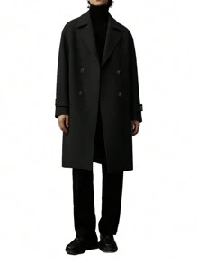 1 件男士双排扣翻领大衣，秋冬款 - 黑色 - 查看 6