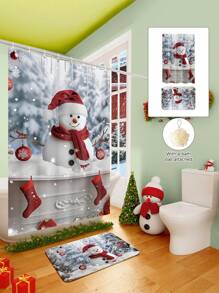 Conjunto de cortina de chuveiro com boneco de neve vermelho de Natal, 1/2/3/4 peças, com 12 ganchos e uma bola de chuveiro, cortina de chuveiro de poliéster impermeável e resistente a mofo, tapete antiderrapante para banheiro, tapete em U para vaso sanitário, capa protetora para vaso sanitário, conjunto decorativo para banheiro, sem necessidade de furadeira, vários tamanhos disponíveis, acessórios de decoração de outono para banheiro, volta às aulas