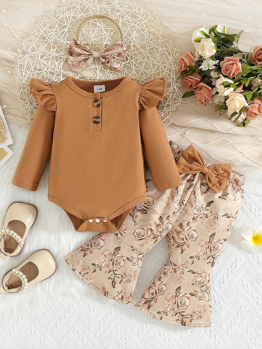 Conjunto de Bodysuit Vintage com Estampa de Rosa e Folha, Mangas Sino e Botões, Calça Flare com Laço e Faixa de Cabeça para Bebê Menina, Outono/Inverno