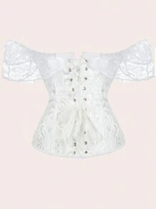 Jacquard Lace Patchwork Cross Strap Bodycon Top Palace Style Corset With Boning To Shape Waist And Push Up Bust, Sexy Jacquard Shapewear Top, Suitable For Wearing With A Dress, For Halloween Christmas