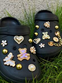 18 件镂空木屐饰品套装 - 金色爱心水钻小熊、蝴蝶、可爱可拆卸装饰纽扣和链条，适用于凉鞋、木屐，适合作为礼物 - 金色 - 查看 1