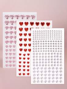 3 件 3D 粉色和红色心形仿珍珠和水钻装饰，适用于头发、眼睛、脸部和身体装饰、DIY 音乐节派对化妆球 - 彩色 - 查看 2