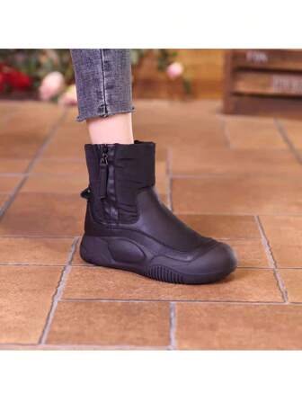 Women's Snow Boots, Anti-Skid Side Zipper Design, Black, Outdoor Walking Boots