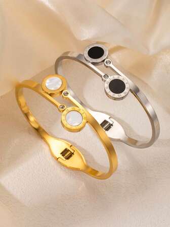 1 件优雅 18k 镀层不锈钢和水钻镶嵌手镯，罗马数字和仿贝壳设计，可叠放