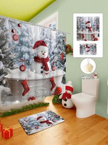 Conjunto de cortina de chuveiro com boneco de neve vermelho de Natal, 1/2/3/4 peças, com 12 ganchos e uma bola de chuveiro, cortina de chuveiro de poliéster impermeável e resistente a mofo, tapete antiderrapante para banheiro, tapete em U para vaso sanitário, capa protetora para vaso sanitário, conjunto decorativo para banheiro, sem necessidade de furadeira, vários tamanhos disponíveis, acessórios de decoração de outono para banheiro, volta às aulas