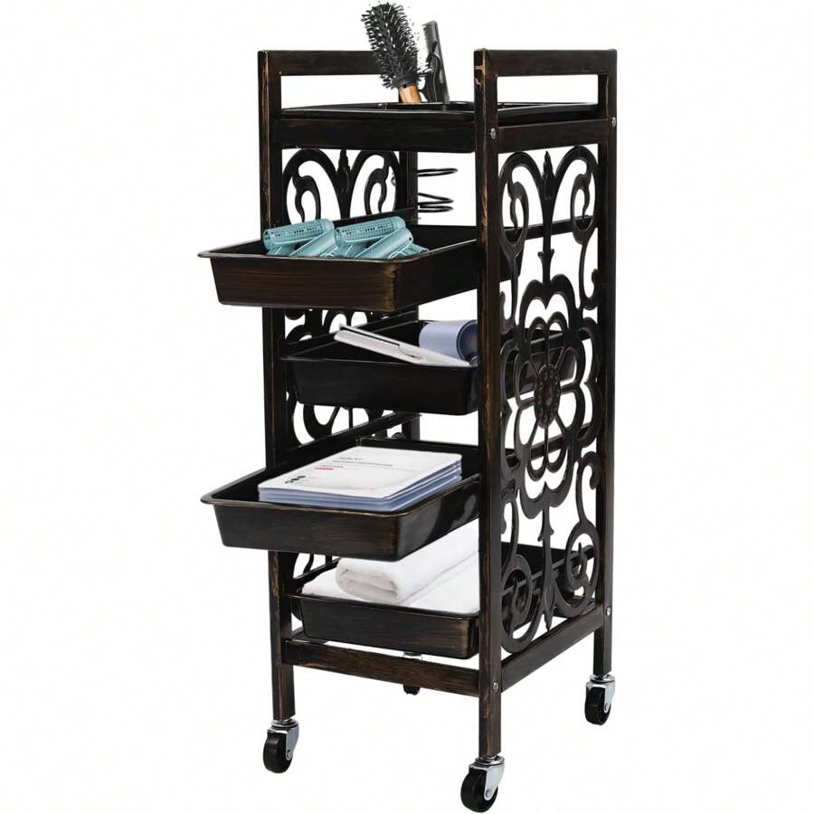 5 Tier Classic Salon Rolling Storage Trolley, Black Brown Barber