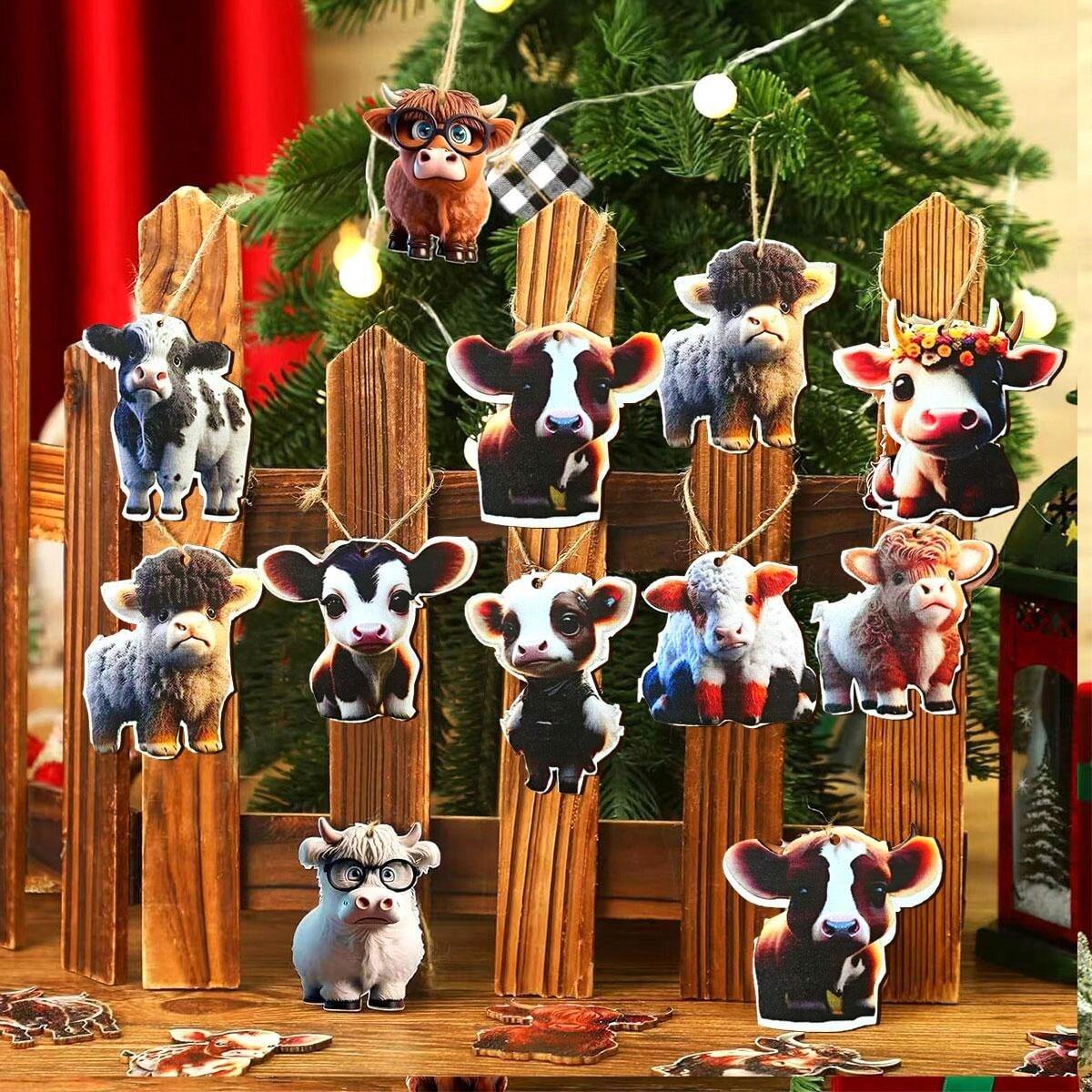 Christmas Cartoon Cow Ornaments, 10 Pcs Lovely Wooden Christmas Tree
