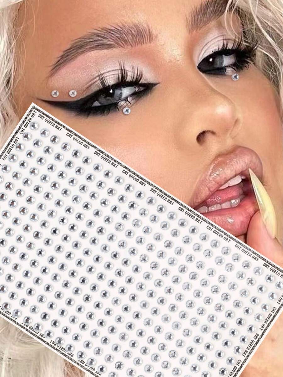 1 miếng dán trang trí mặt Y2K pha lê giả màu trắng bạc 3D nhiều hạt, quà tặng cho phụ nữ, thích hợp để trang trí tóc, mắt, mặt, cơ thể, lễ hội, Halloween, hóa trang - trắng - Xem 1