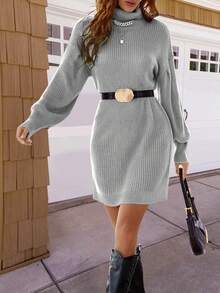 女士轻盈高领毛衣连衣裙女式优雅休闲罗纹针织长袖中长连衣裙 - 灰色 - 查看 5