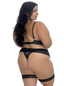 Conjunto Lingerie Plus Size Sutiã sem Bojo e Perneira Sensual Amélia - Preto - Visão 3