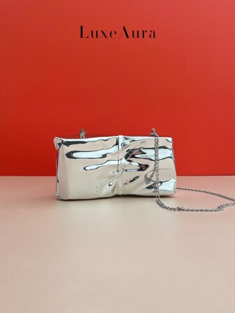 2024 New Metallic Acrylic Clutch Purse, Shiny Mirror-Like Silver Color, Hard Case Box Shape, Versatile Chain Strap Shoulder/Crossbody Bag For Party & Evening Valentines