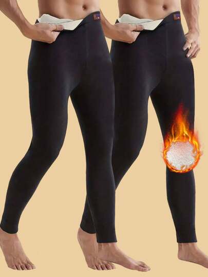 2 pezzi di pantaloni invernali da uomo in lana, leggings con pile spesso, possono essere indossati all'esterno, con vita media elastica e aderenti per l'autunno