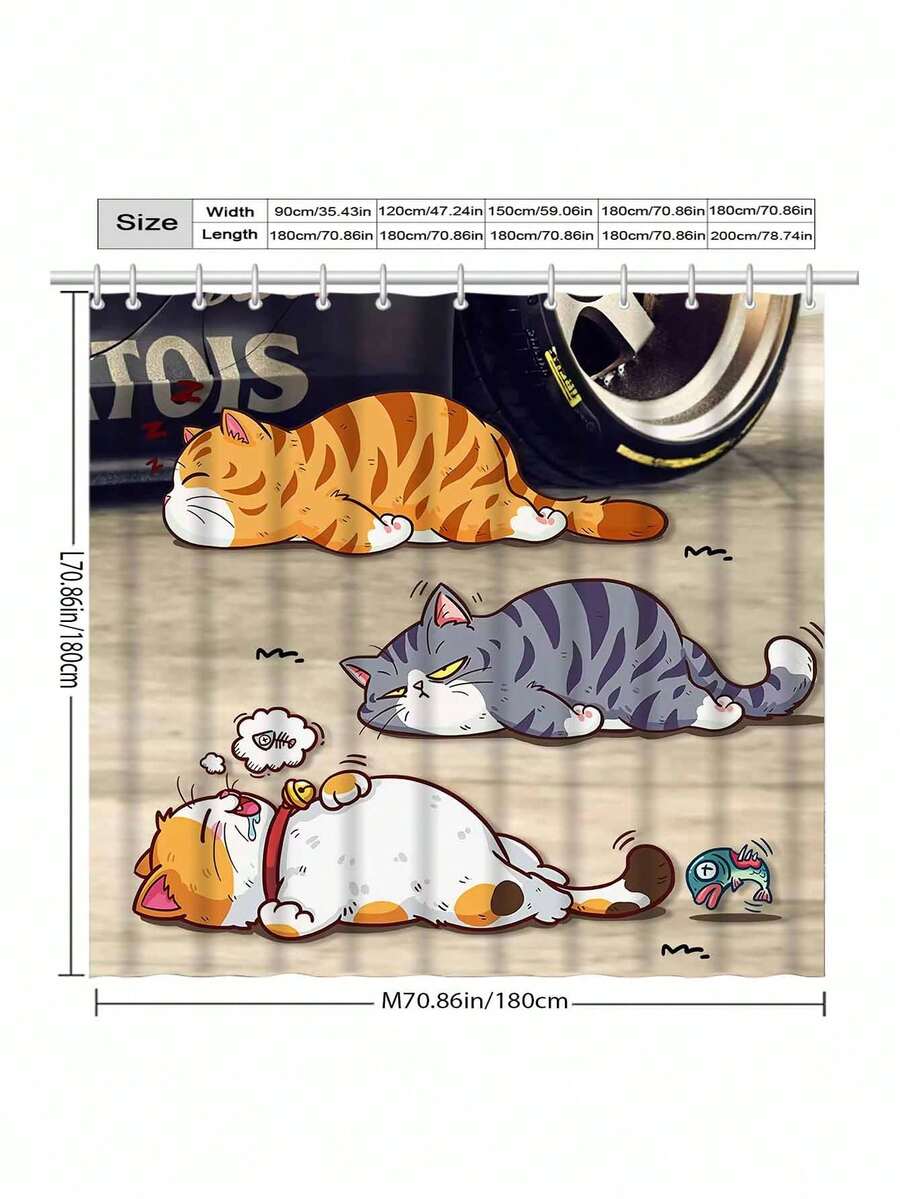 1pc Slacker Cat Pattern Shower Curtain, Light Yet Elegant With Plastic