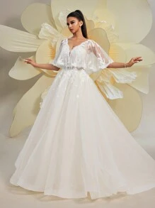 Glamorous Lace Deep V-Neck Champagne Shawl Sleeve Mesh Maxi Wedding Dress For Bride By HEARBOBO