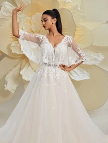 Glamorous Lace Deep V-Neck Champagne Shawl Sleeve Mesh Maxi Wedding Dress For Bride By HEARBOBO