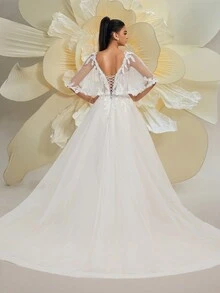 Glamorous Lace Deep V-Neck Champagne Shawl Sleeve Mesh Maxi Wedding Dress For Bride By HEARBOBO