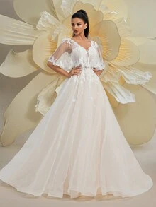 Glamorous Lace Deep V-Neck Champagne Shawl Sleeve Mesh Maxi Wedding Dress For Bride By HEARBOBO