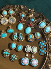 复古蓝色仿绿松石叶美人头硬币珍珠镶嵌水钻吊坠耳环，波西米亚风格珠宝 - 彩色 - 查看 9