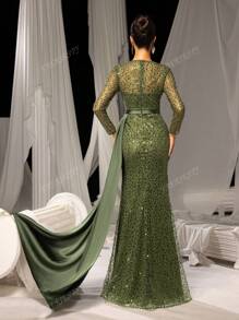 Faeriesty Luxury Long Sleeve Satin Side Streamer Gowns Formal Dresses & Evening Gowns, Prom Dress, For Wedding Guest, Graduation, Dinner, Party Dress