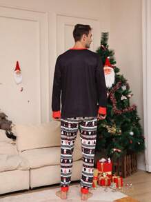 Set da 2 pigiami natalizi da uomo, con cappello da Babbo Natale e stampa di piccoli pupazzi di neve, top a maniche lunghe con collo tondo e pantaloni in nero, vestibilità comoda, adatto per autunno/inverno