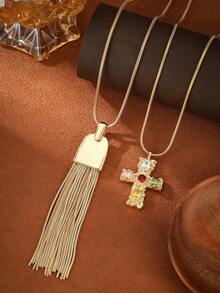 1 件时尚高档吊坠项链，带流苏，铜材质，长链，优雅设计，适合所有季节，百搭搭配不同风格 - 彩色 - 查看 2