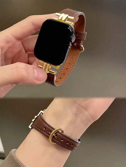 1pc Fashionable Soft Comfortable Brown Leather Watch Band, Ultra Slim Design, Suitable For Watches Series Compatble With 38mm/40mm/42mm/44mm/45mm/46mm/49mm