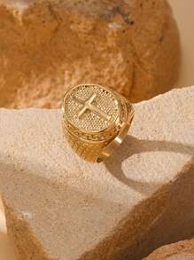 1pc Stainless Steel 18K Gold Plated Gothic Fashion Oval Cross Pattern Men's Rings Gift Jewelry