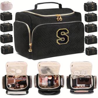 Fashion Travel Makeup Bag Large Capacity Embroidery Zipper Close Wide Open Makeup Bag Handles Multiple Compartments, Toiletries, Business Excursions, Travel Toiletries Bag, Large Opening Toiletries Bag, Makeup Travel Bag, With Handle, Multi-Letter Optional, Ideal Gift, Send Friends, Send Partners, Send Family. Makeup Bags Makeup Organizer Make Up Organizer Makeup Storage
