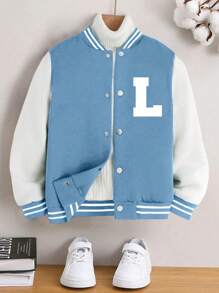 1pc Tween Girl Casual Workout Retro Solid Color Fleece Cardigan, Baseball Style, Spring/Autumn/Winter