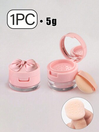 1pc 5g Mini Portable Loose Powder And Honey Powder Packaging Box With Pink Bow Resin Accessory Decorate,Isolated Sieve Holes And Powder Puff, Equipped With Makeup Mirror, Travel Container, Portable And Space Saving, Daily Carrying, Outdoor Travel, Home Use