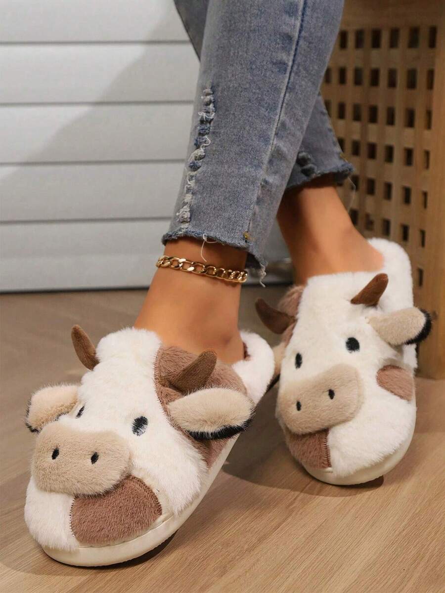 Cute Plush Animal Cow Slippers For Women, Kawaii Fluffy Fuzzy And Cozy Slippers, Soft Warm Winter Indoor Outdoor Slippers - 棕色 - 查看 1
