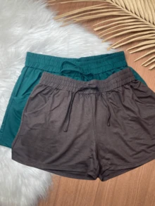 Kit Of 2 Women's Comfortable Sweat Shorts With Pocket In Various Colors - Xanh và nâu - Xem 2