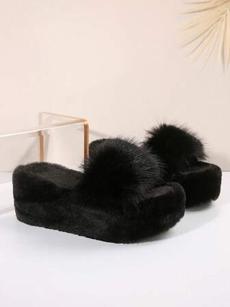 Fluffy Slip-On House-tofflor för kvinnor, tjocka plyschpälsrutschkanor, eleganta plattformstofflor med kil, sluten tå, enfärgad svart, lämplig för höst/vinter
