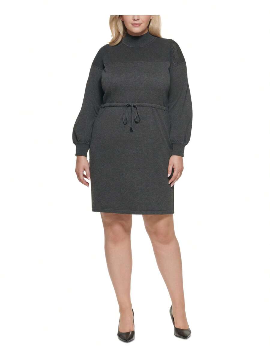 CALVIN KLEIN Womens Ribbed Textured Drawstring Tie Waist Long Sleeve Mock Neck Above The Knee Wear To Work Sweater Dress - Xám - Xem 1