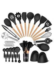 Set di 36 pezzi, 36 pezzi di utensili da cucina in silicone, set di utensili da cucina resistenti al calore con manici in legno, accessori da cucina antiaderenti, inclusi raschietti, coltelli per pizza, articoli per la cucina in offerta, accessori per la casa