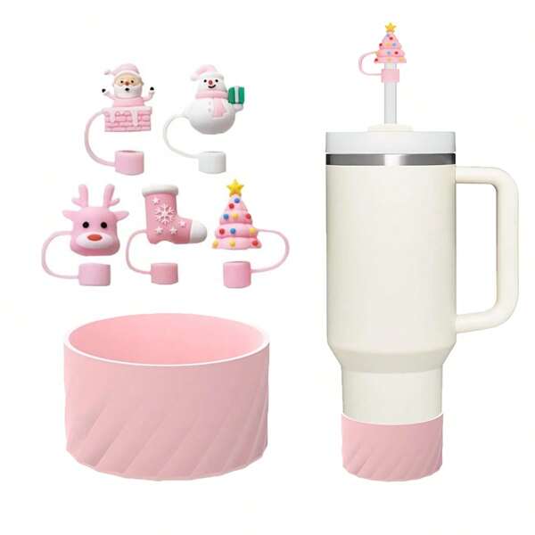 2 pezzi Set di coperture in silicone per cannucce e bicchieri natalizi (adatti per cannucce da 10 mm/0,4 pollici), antipolvere, resistenti all'usura, antiurto, anti rumore, adatti per 40 once, per sport e fitness