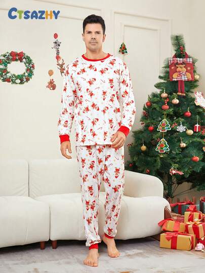 2pcs Gingerbread Man & Star Candy Cane Print Round Neck Long Sleeve Drawstring Hem Pajama Set For Men, Christmas Decoration Elements