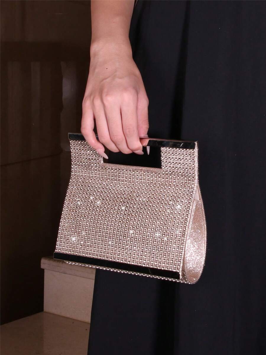 闪闪发光的钻石图案手提包，配有肩带翻盖，优雅时尚晚宴手包，适合女士派对、婚礼、生日 - 金色 - 查看 1