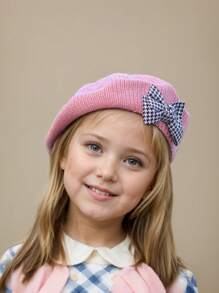 1pc Toddler Girls Houndstooth Pattern Bow Knitted Beret Hat, Beige