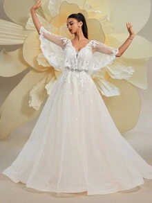 Glamorous Lace Deep V-Neck Champagne Shawl Sleeve Mesh Maxi Wedding Dress For Bride By HEARBOBO