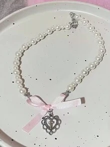 1 pieza Collar de gargantilla Kpop vintage con colgante de corazón en cadena de perlas y circonias para mujer, joyería estética de fiesta regalo de Navidad caliente