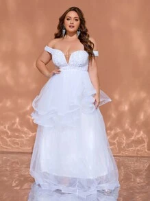 Plus Size Women's White V-Neck Off-Shoulder Sequin Splicing Mesh Wedding Dress