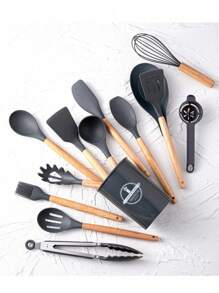 14pcs Silicone Kitchenware Set With Wooden Handle, Includes Storage Bucket